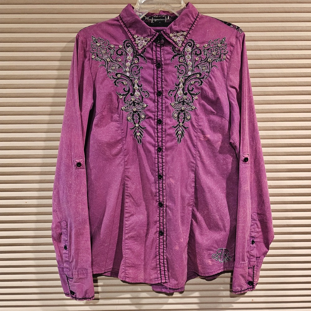 Roar Signature Sainthood Purple Acid Wash Western Lace Rhinestone Shirt Womens L